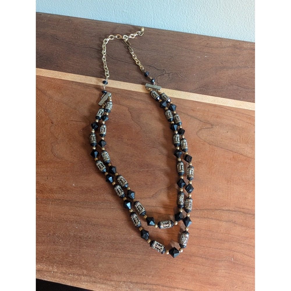 Vintage Double Strand Black Faceted & Silver Filigree Bead Necklace Adjustable